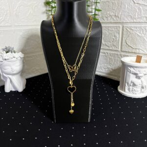 Kalp ve Kelebek Figürlü Çelik Kolye Gold